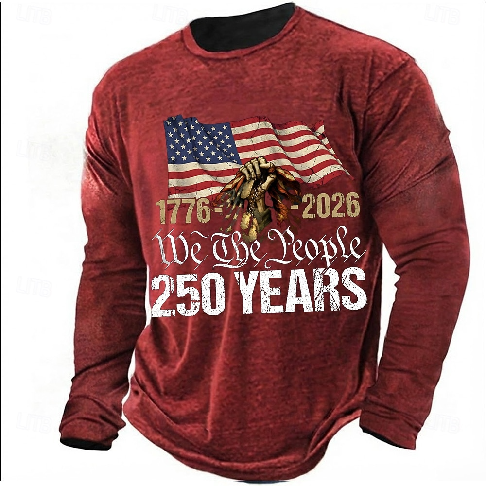 We The People 250 Years Distressed US Flag Red Patriotic T-Shirt, 4th Of July Men's Shirt
