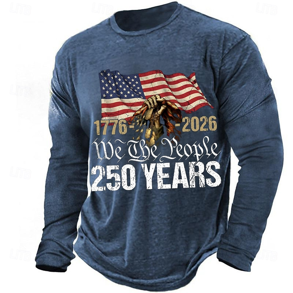 We The People 250 Years Distressed US Flag Blue Patriotic T-Shirt, 4th Of July Men's Shirt