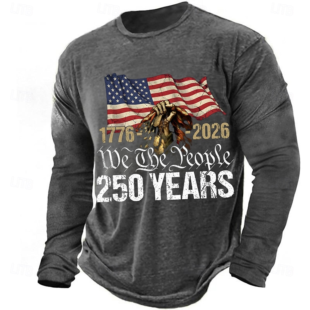 We The People 250 Years Distressed US Flag Grey Patriotic T-Shirt, 4th Of July Men's Shirt