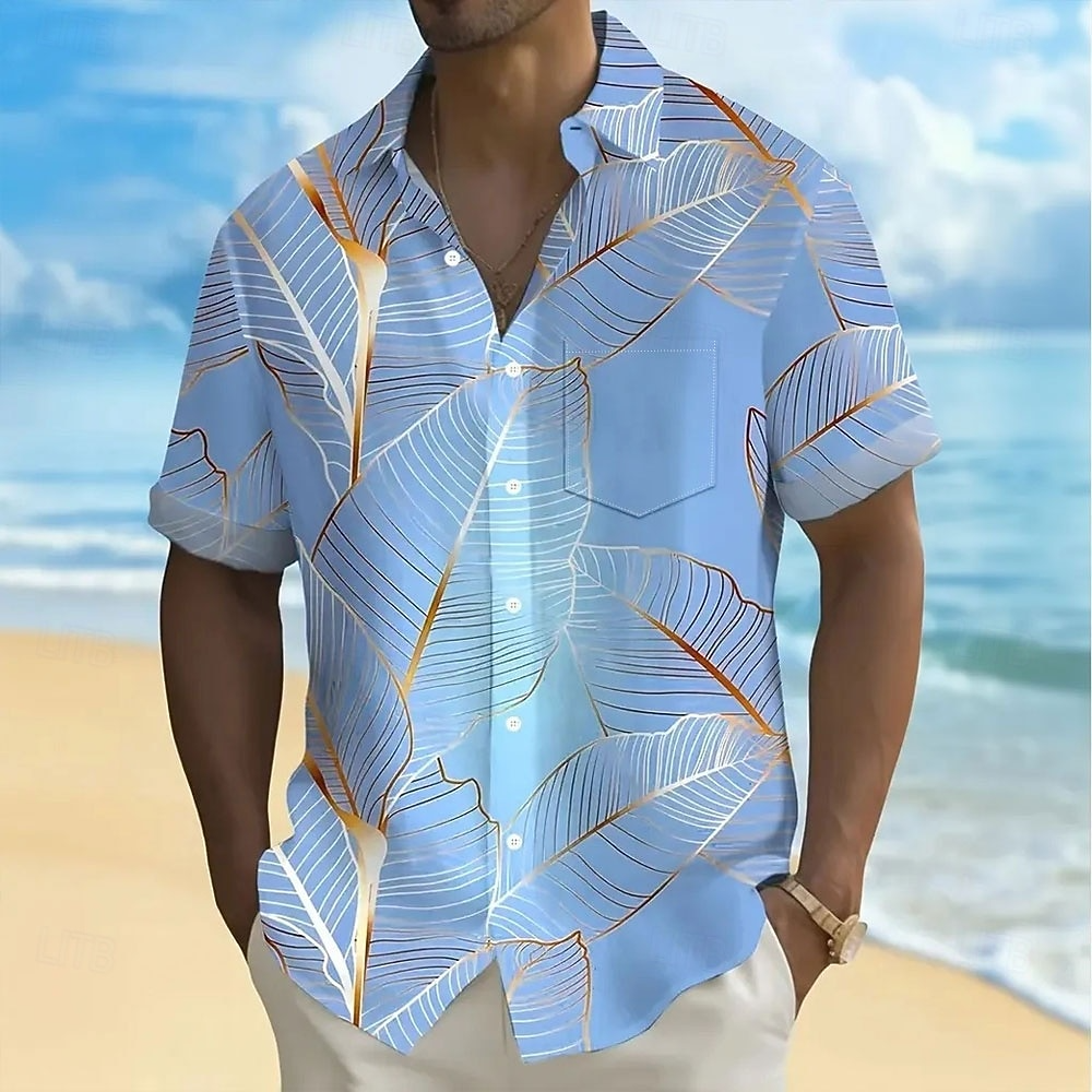 Palm Leaf Tropical Blue Cool Hawaiian Shirts, Men's Tropical Shirts, Men's Summer Shirts