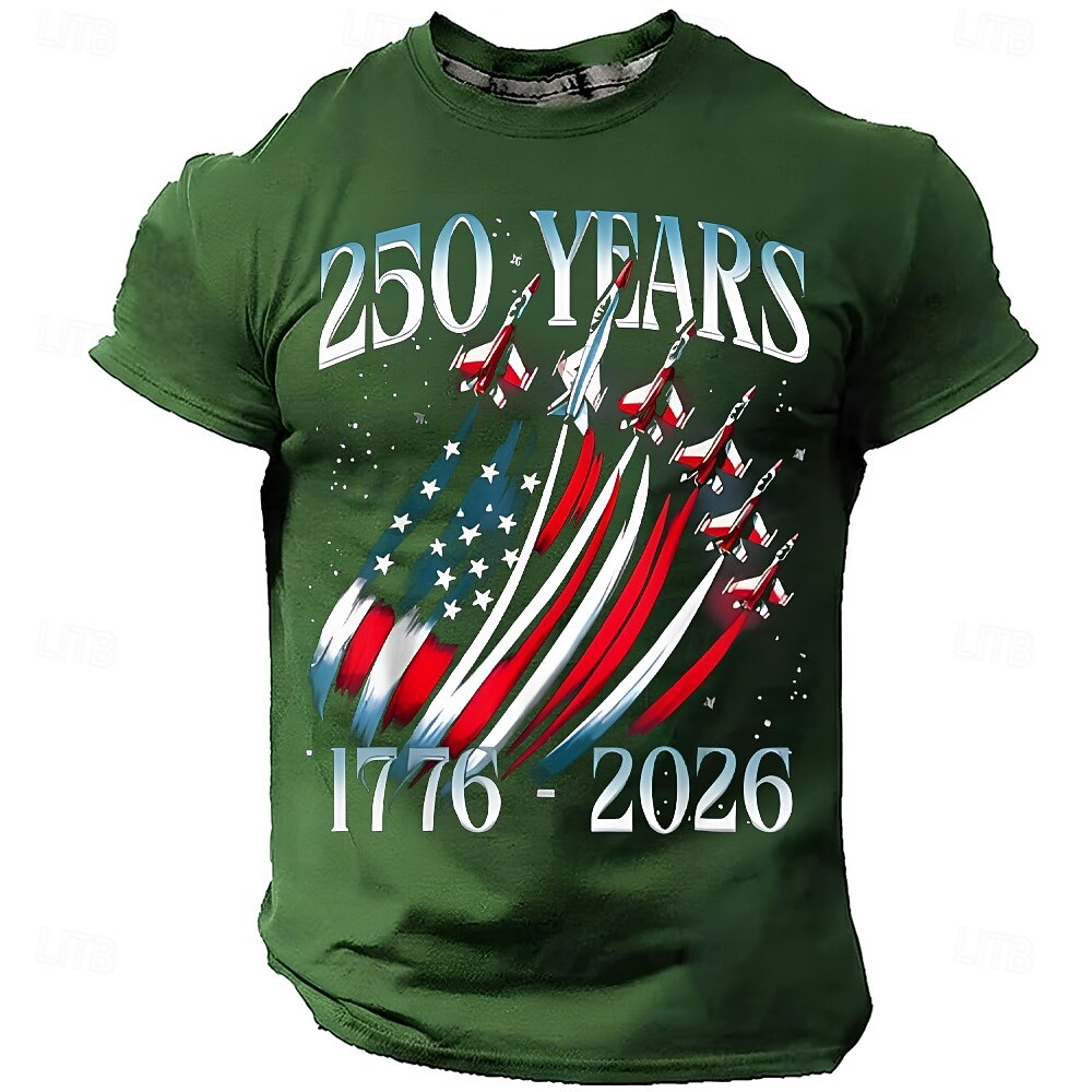 250 Years Red White Blue Fighter Jets Green Patriotic T-Shirt, 4th Of July Men's Shirt