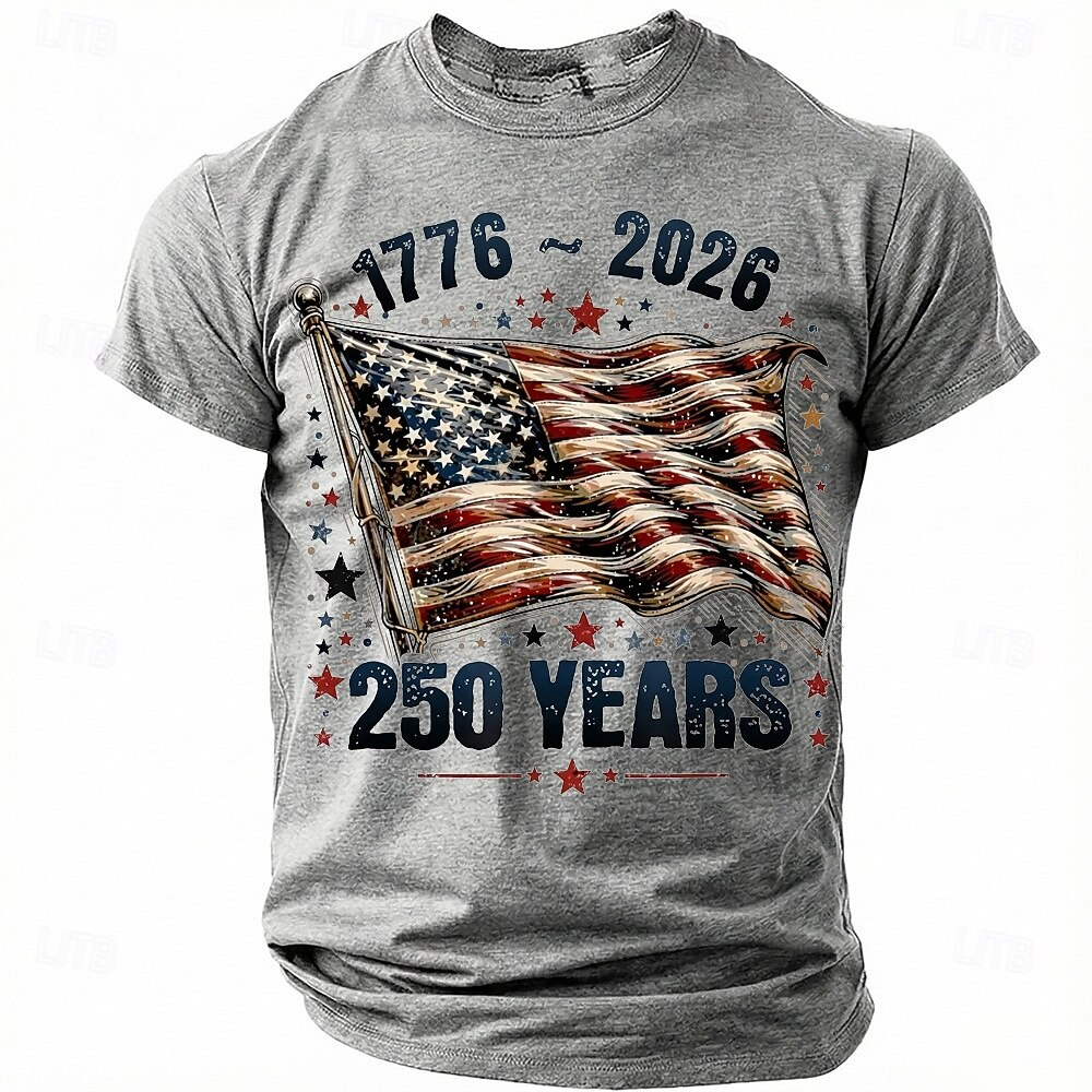 250 Years Waving Flag Distressed Grey Patriotic T-Shirt, 4th Of July Men's Shirt