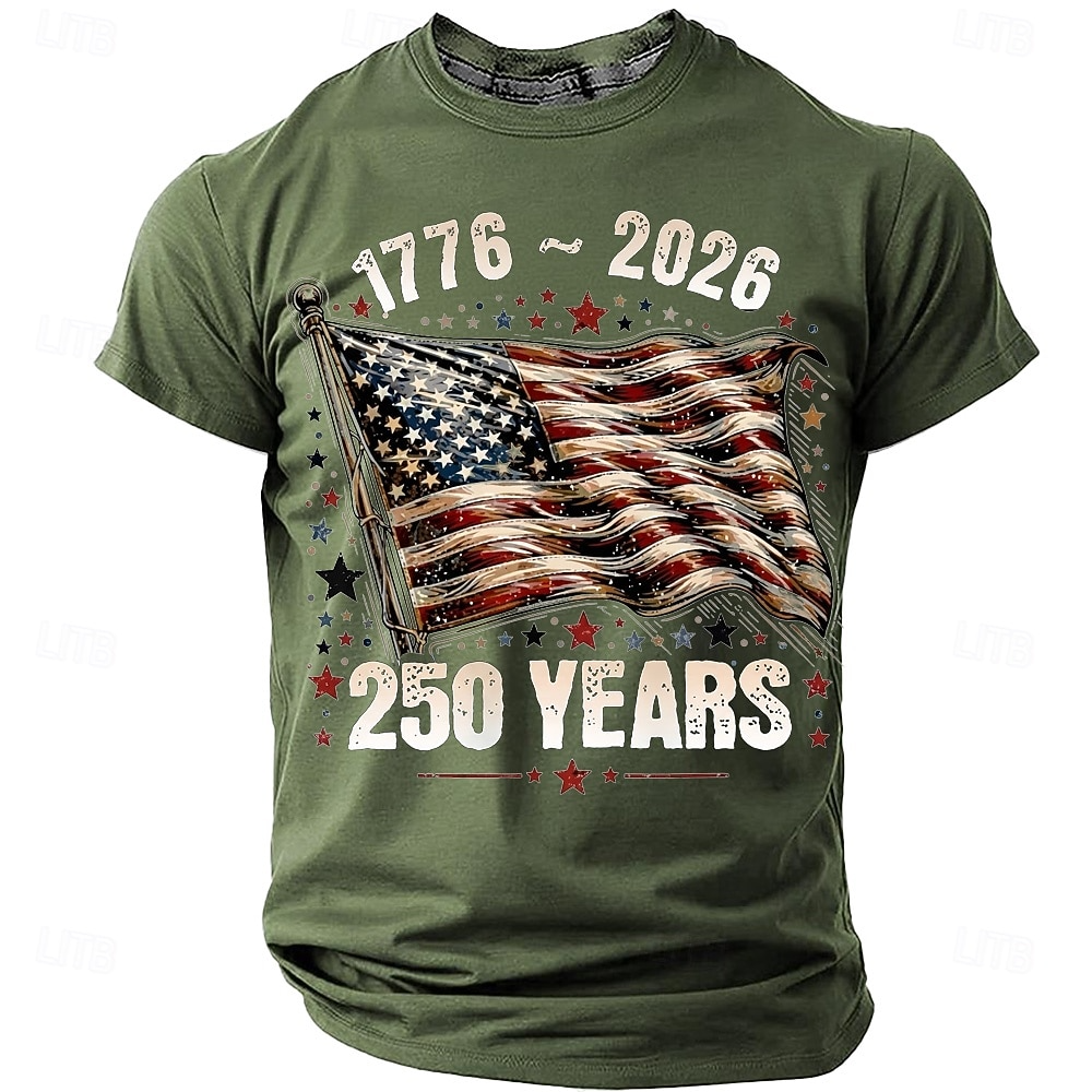 250 Years Waving Flag Distressed Green Patriotic T-Shirt, 4th Of July Men's Shirt