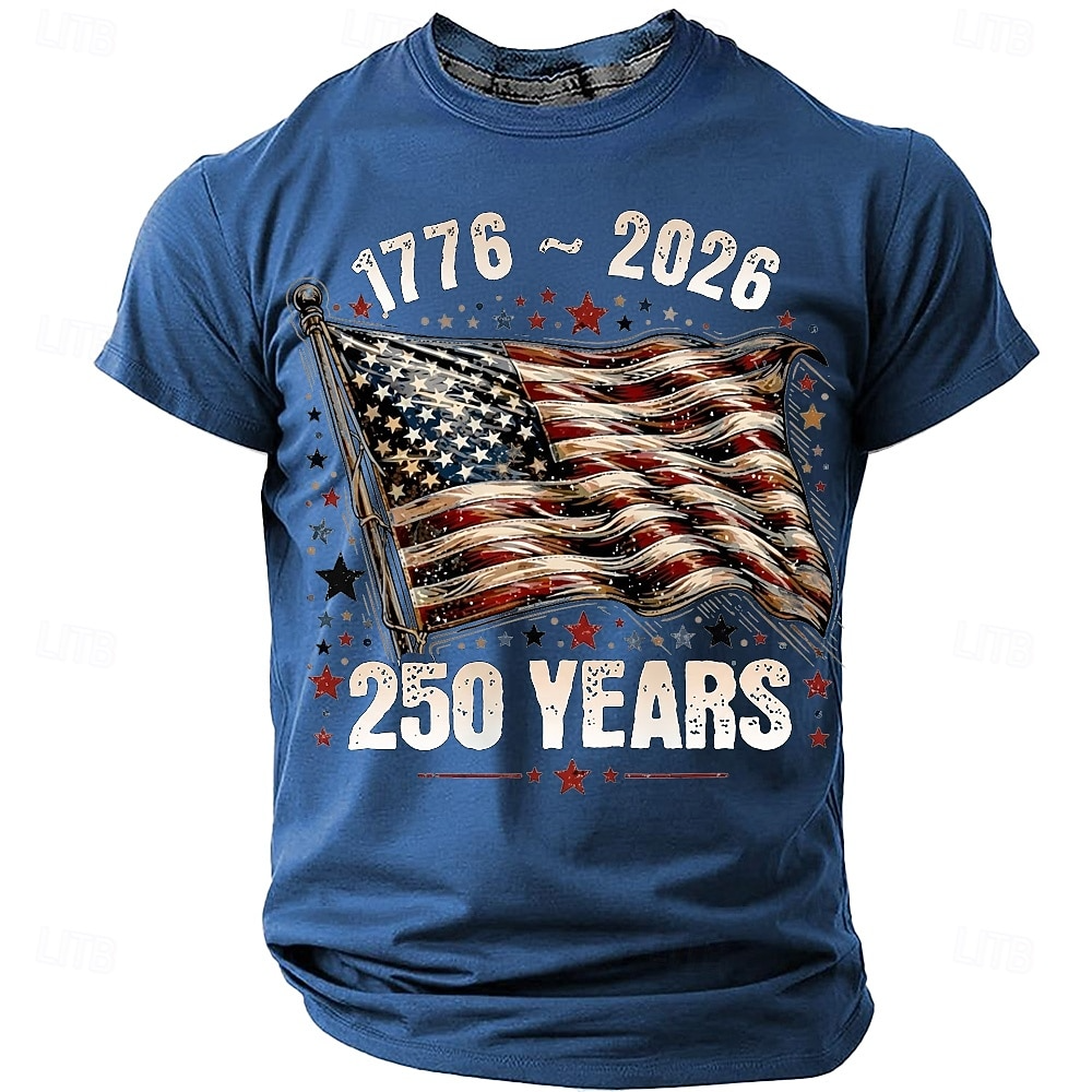 250 Years Waving Flag Distressed Blue Patriotic T-Shirt, 4th Of July Men's Shirt
