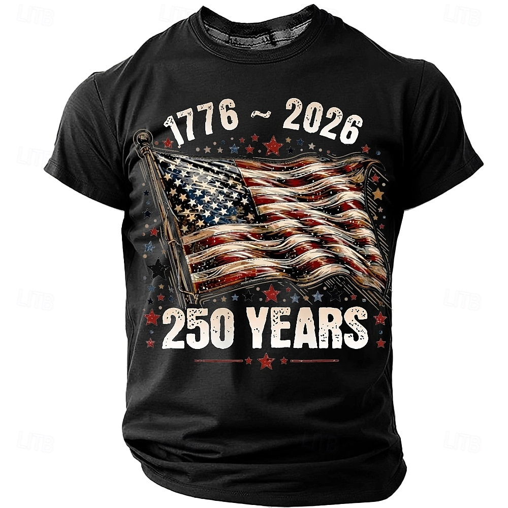 250 Years Waving Flag Distressed Black Patriotic T-Shirt, 4th Of July Men's Shirt