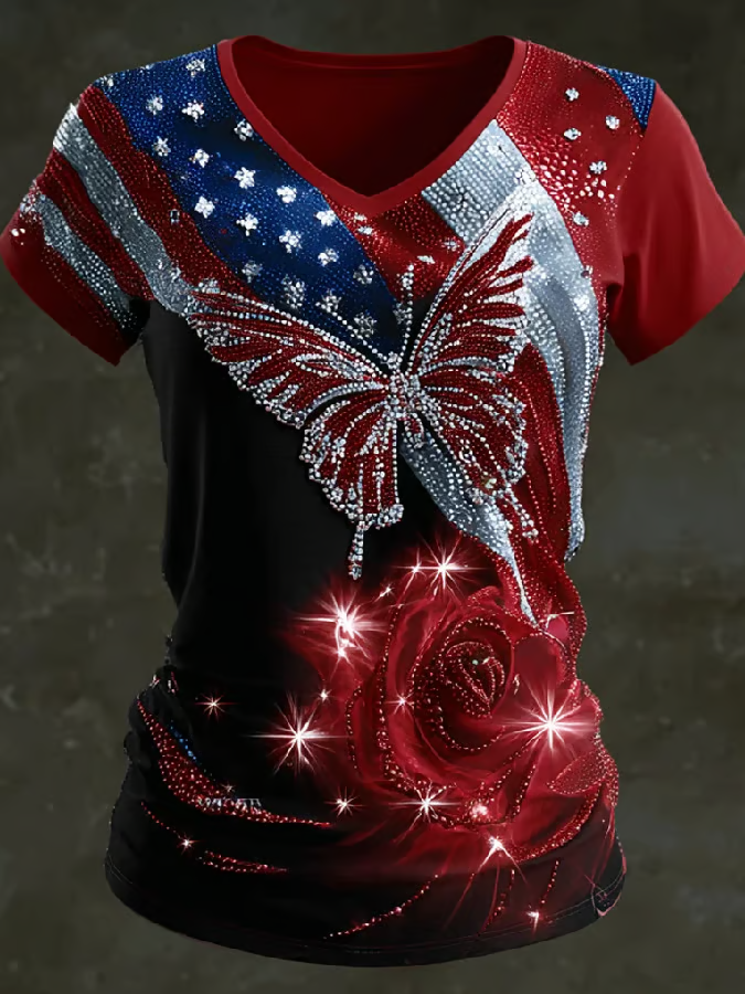 Patriotic Butterfly Rose 250th Anniversary Years V-neck, 1776–2026 USA Shirt, Patriotic Women Tee