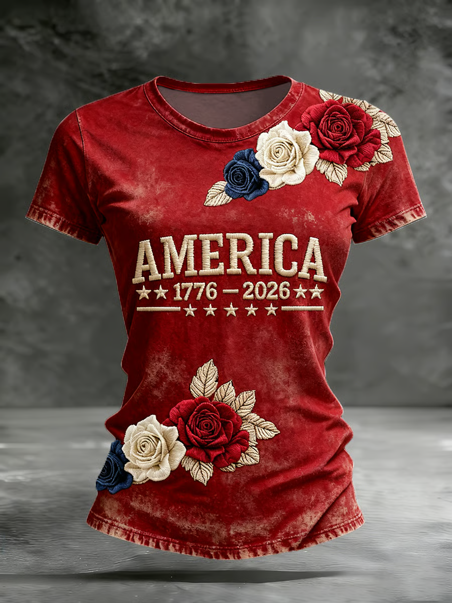 Patriotic Floral America 250 Years V-neck Shirt, USA 250th Anniversary T-Shirt, 1776–2026 Patriotic Women Tees
