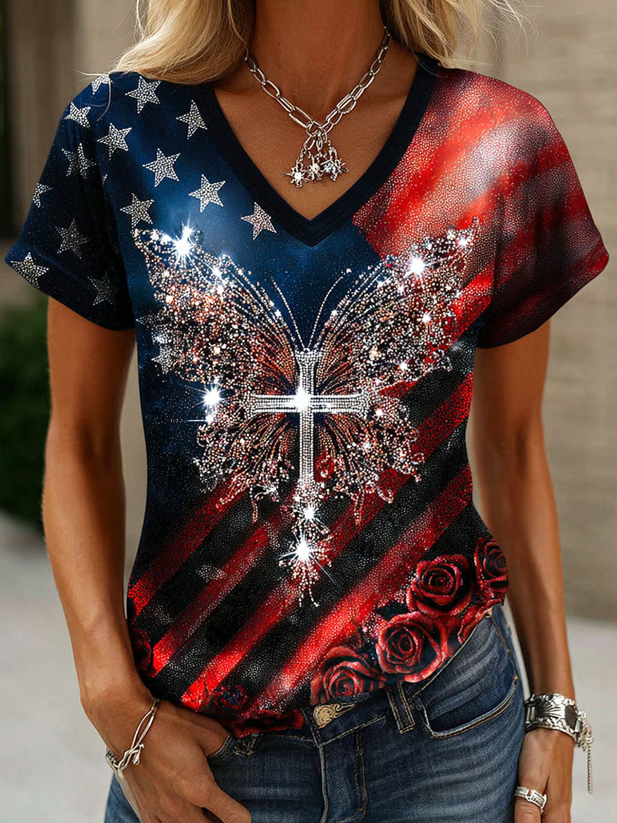 Vintage Faith Cross Butterfly America 250 Years V-neck Shirt, USA 250th Anniversary T-Shirt, Patriotic Women Tees