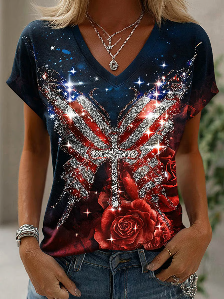 Vintage Faith Cross Butterfly V-neck Shirt, USA 250th Anniversary T-Shirt, Patriotic Women Tees