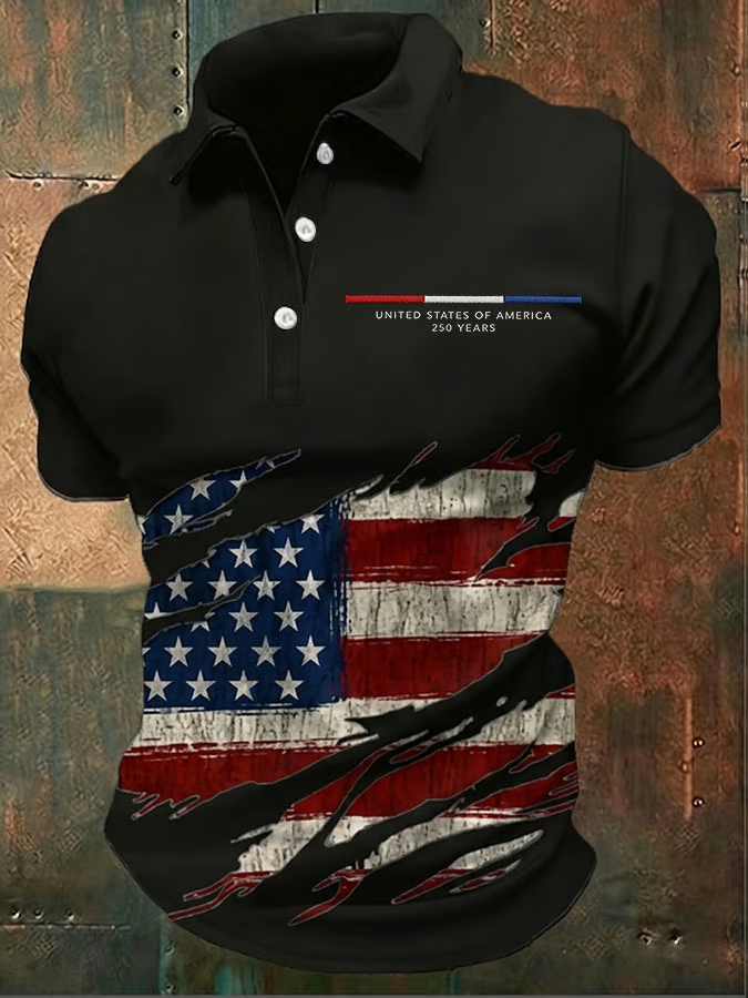 US 250 Years Distressed Flag Retro Black Patriotic Shirt, 4th Of July Men's Shirt, Vintage Polo Shirt