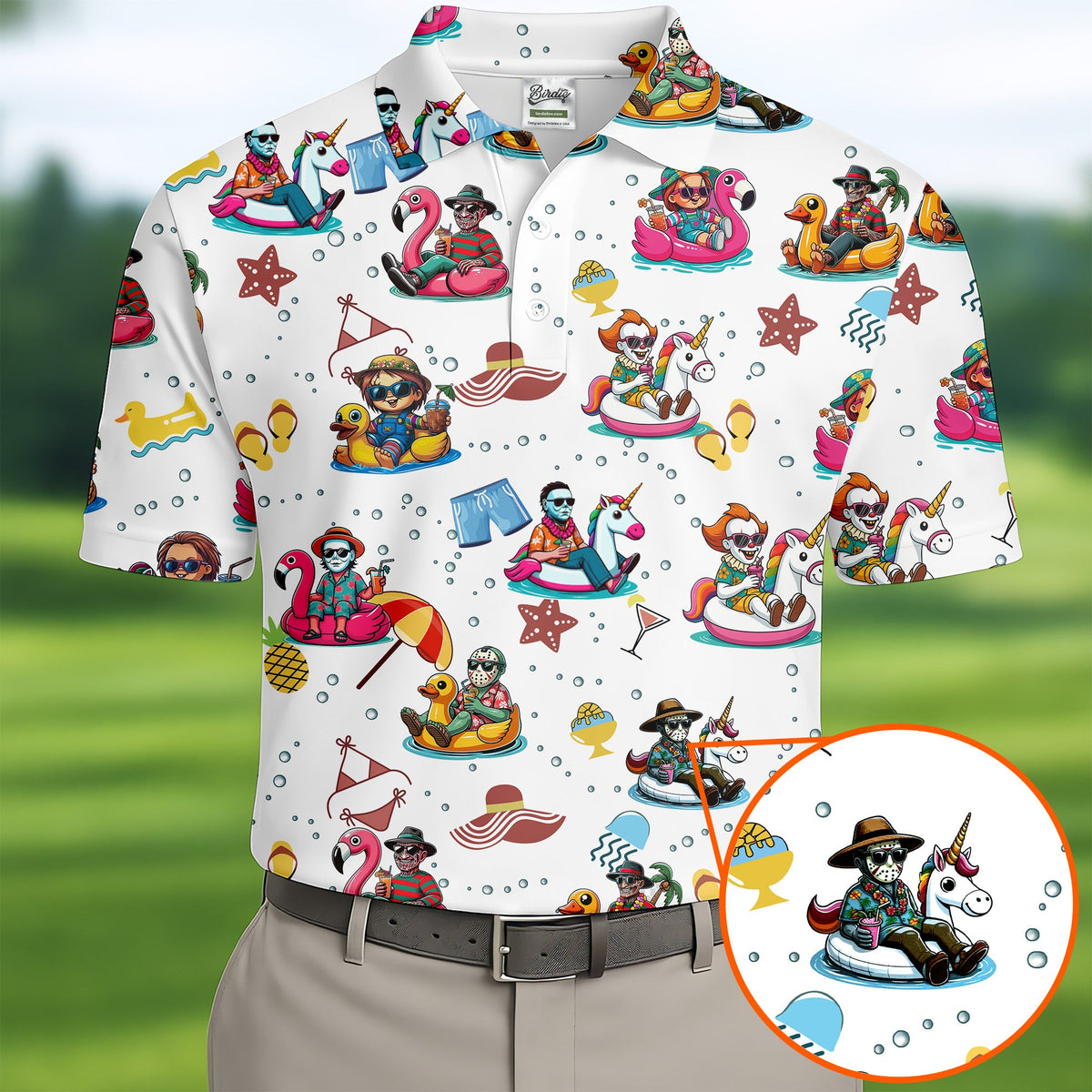 Halloween Summer Men's Polo Shirt, Horror Character Shirt, Fun Golf Polos, Funny Halloween Shirt