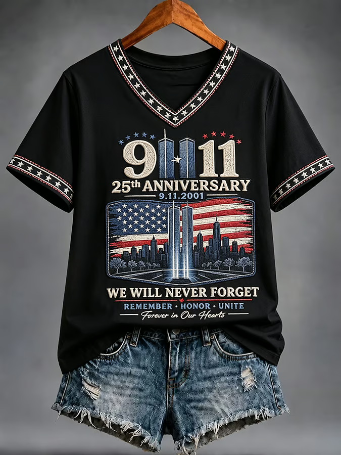 25th Anniversary 9 11 Never Forget V-Neck Shirt, Women's Graphic Tee, American Flag Shirt
