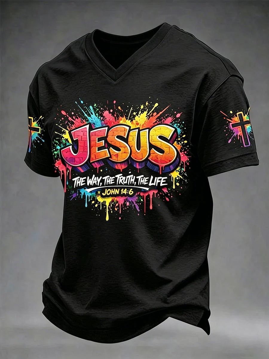 Men's Christian Jesus Cross Short Sleeve V-neck T-shirt, Christian Gifts For Men