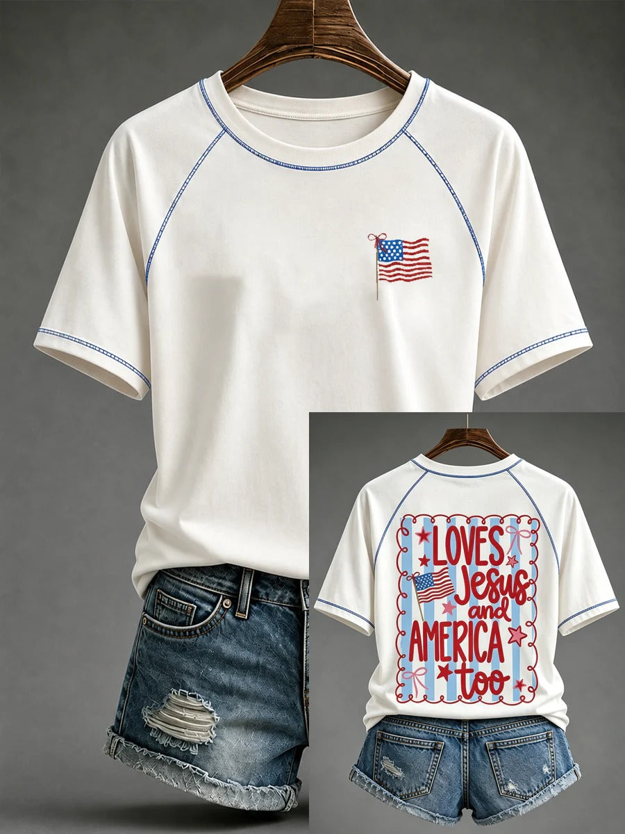 Women's Loves Jesus and America Too Flag T-Shirt Women's Christian T-shirts, Christian Gifts
