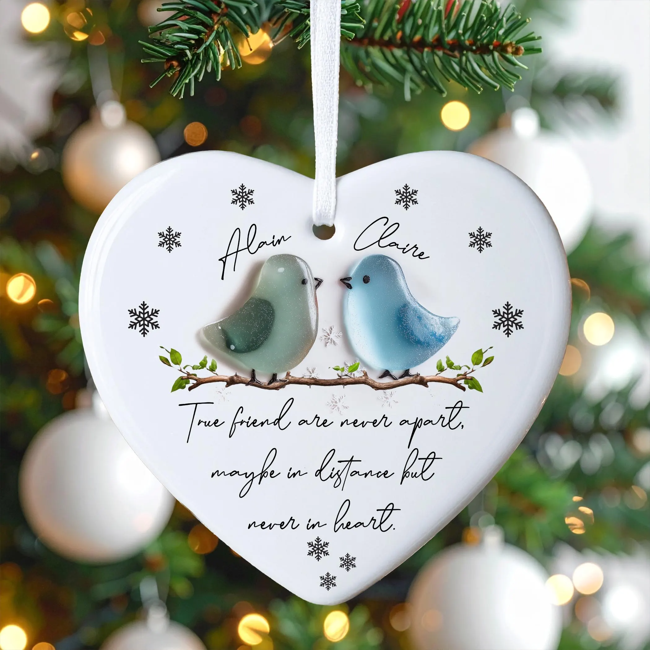 True Friends Are Never Apart Heart Shape Acrylic On Ceramic Xmas Ornament, Sea Glass Ceramic Ornament