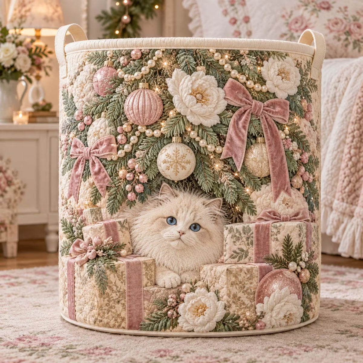 White Cat Pink Bow Christmas Laundry Basket, Laundry Hamper, Gift For Cat Lovers
