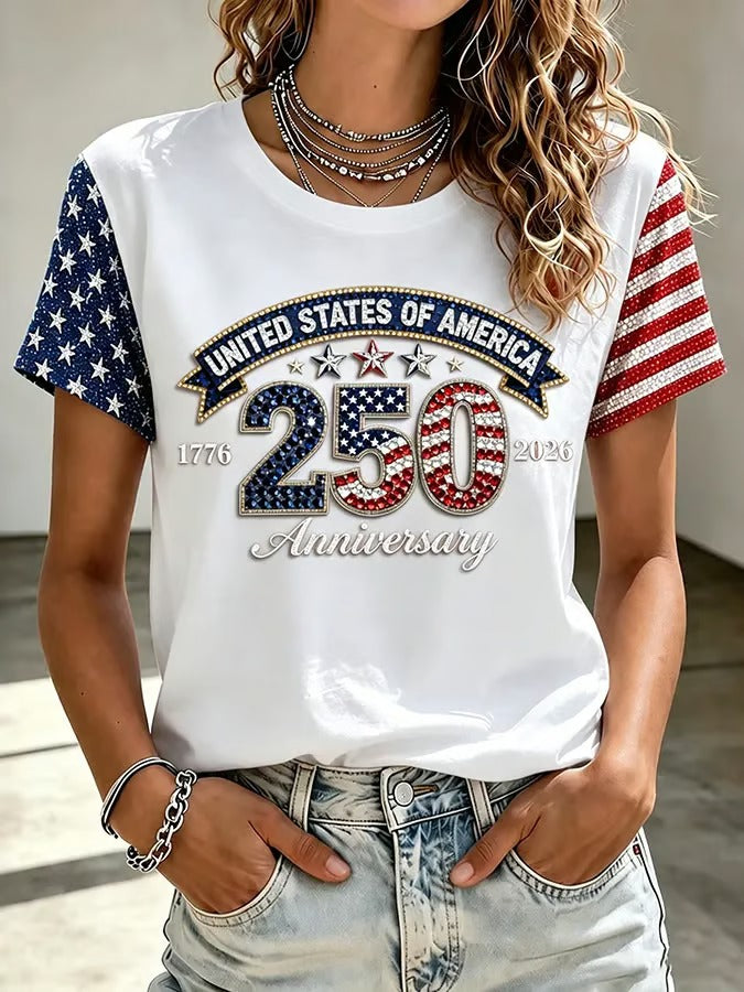 Women’s United States 250 Anniversary Flag Sleeve T-Shirt, USA 250th Anniversary Shirt, Patriotic Shirt