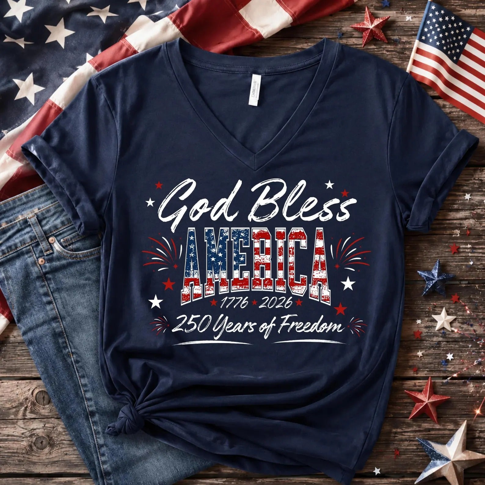 God Bless America 250 Years Of Freedom V-Neck T-Shirt, Patriotic Shirt, America 250 Shirt