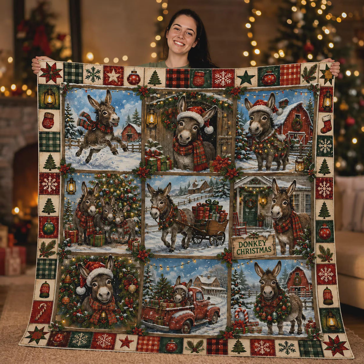 Christmas Donkey Quilt Blanket, Holiday Gift For Family, Christmas Home Decor