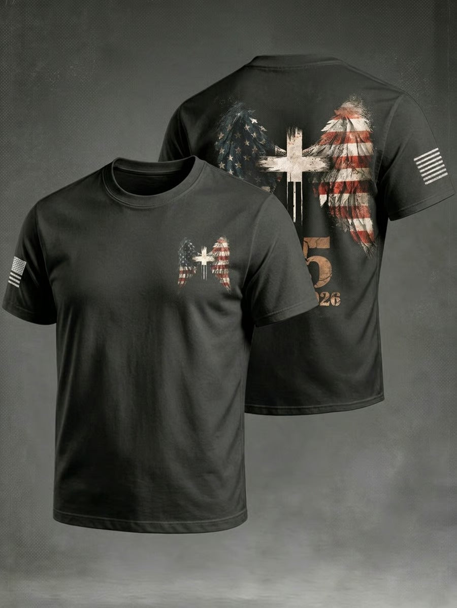 American Flag Angel Wings Cross Shirt, Graphic T-Shirt For Men, Patriotic Shirt