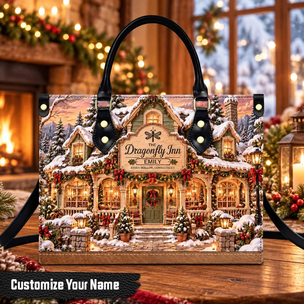 Custom Winter Inn Leather Handbag, Christmas Purse, Holiday Gift For Her