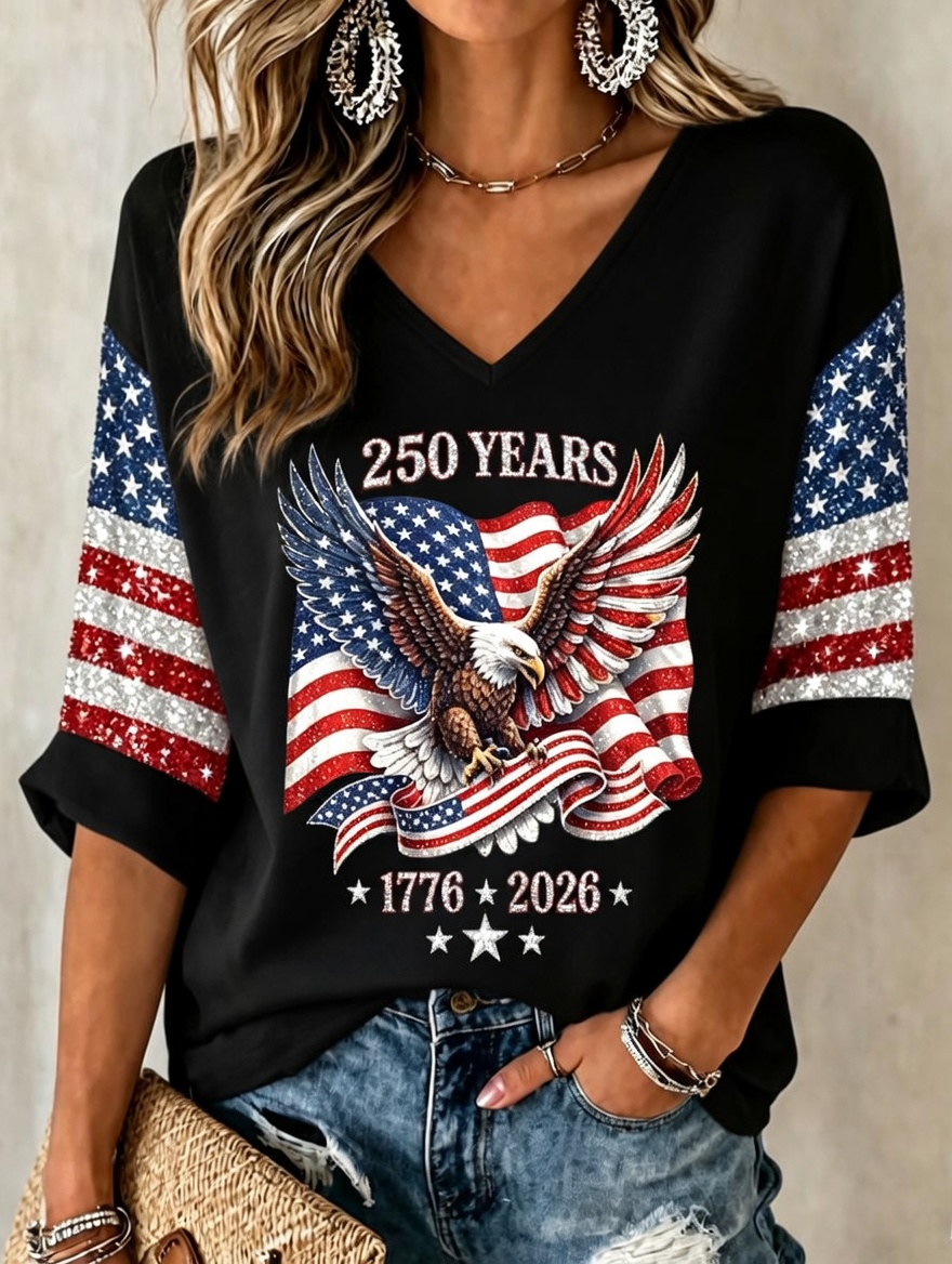 Glitter Eagle USA 250 Shirt for Women, Patriotic American Flag V Neck Tee, 4th Of July Shirt