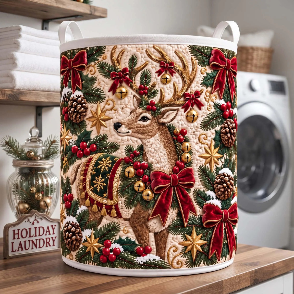 Christmas Reindeer Red Bows Laundry Basket, Clothes Hamper, Christmas Gift