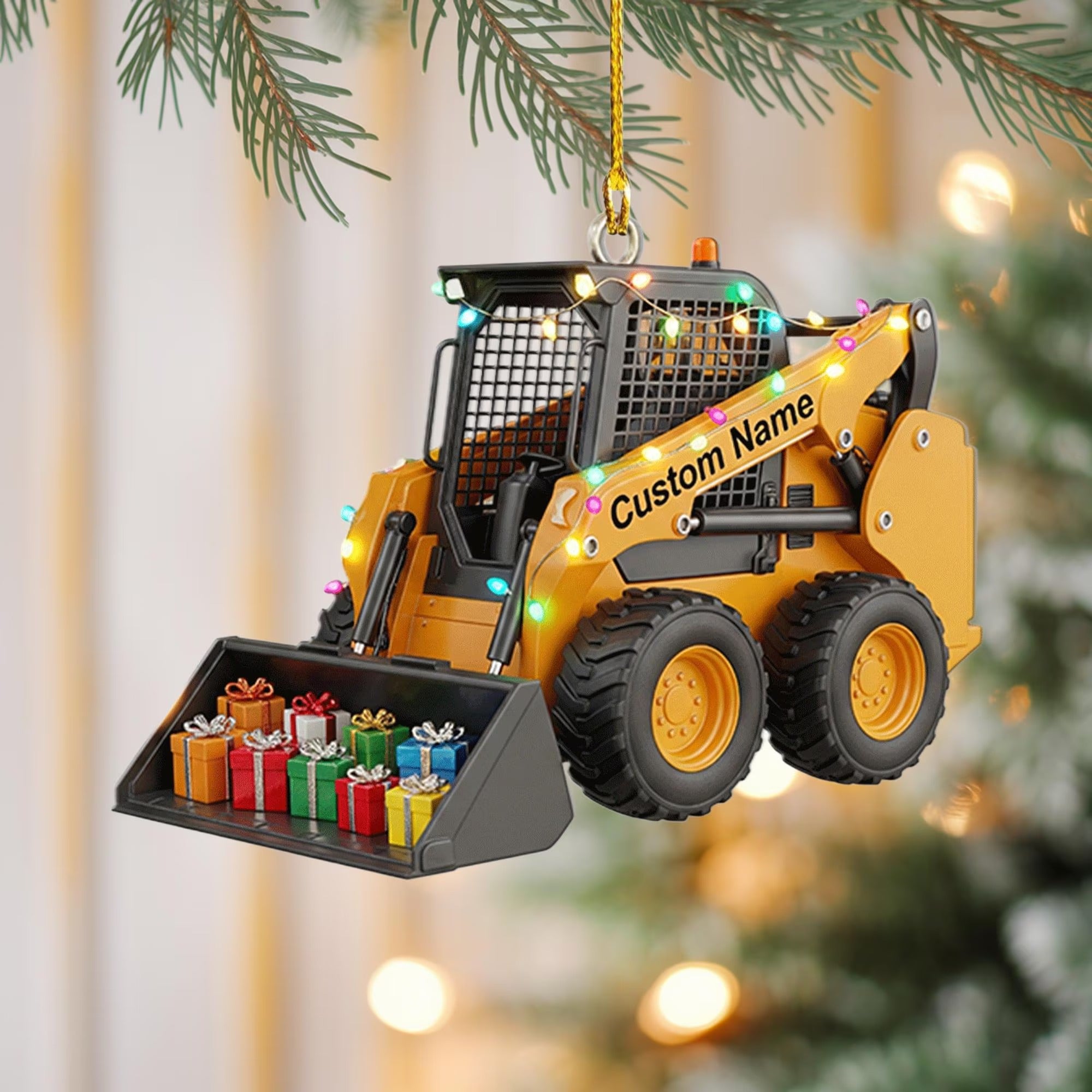 Personalized Skid Steer Loader Festive Lights Acrylic Christmas Ornament, Construction Worker Gift