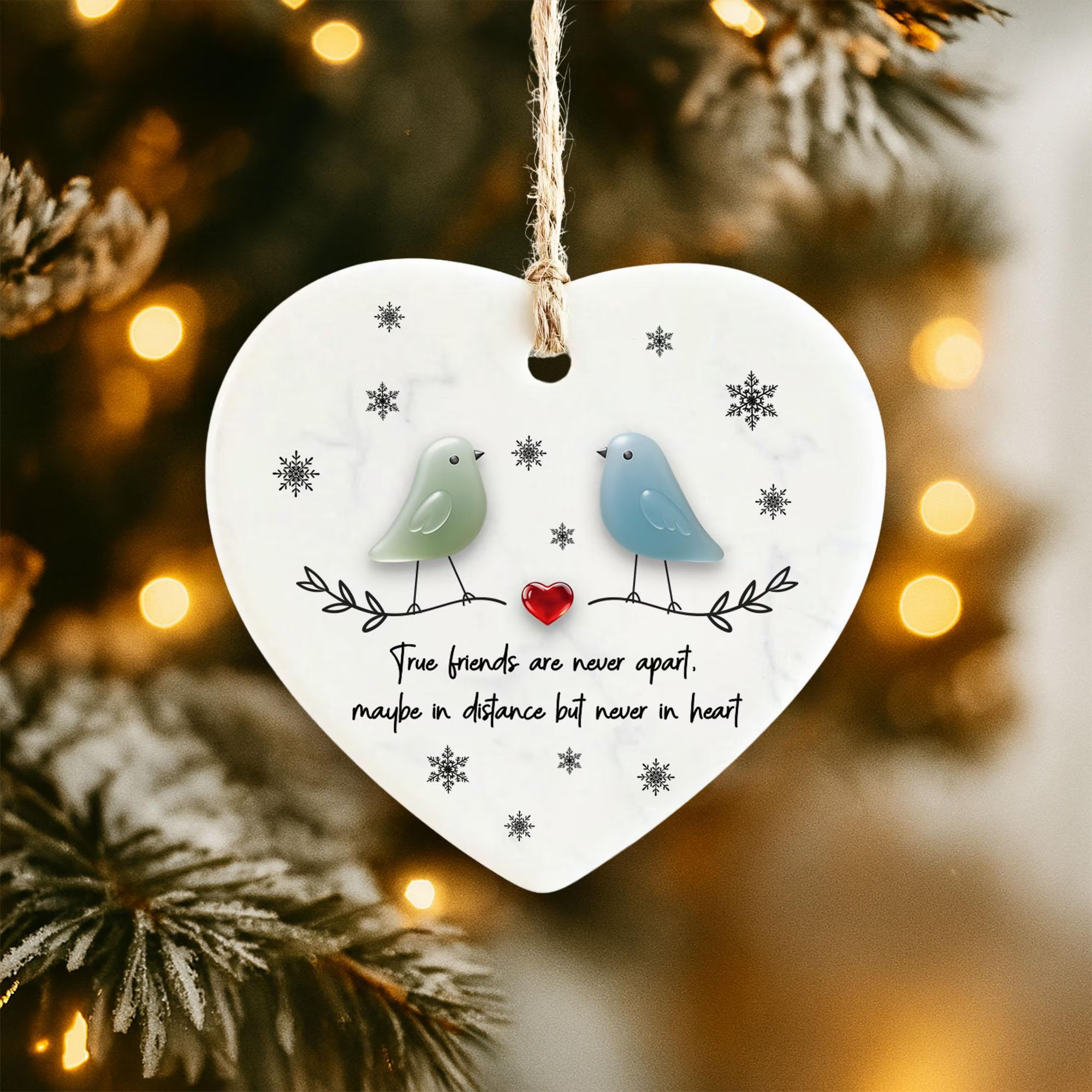 True Friends Are Never Apart Heart Shape Acrylic On Ceramic Xmas Ornament, Sea Glass Ceramic Ornament