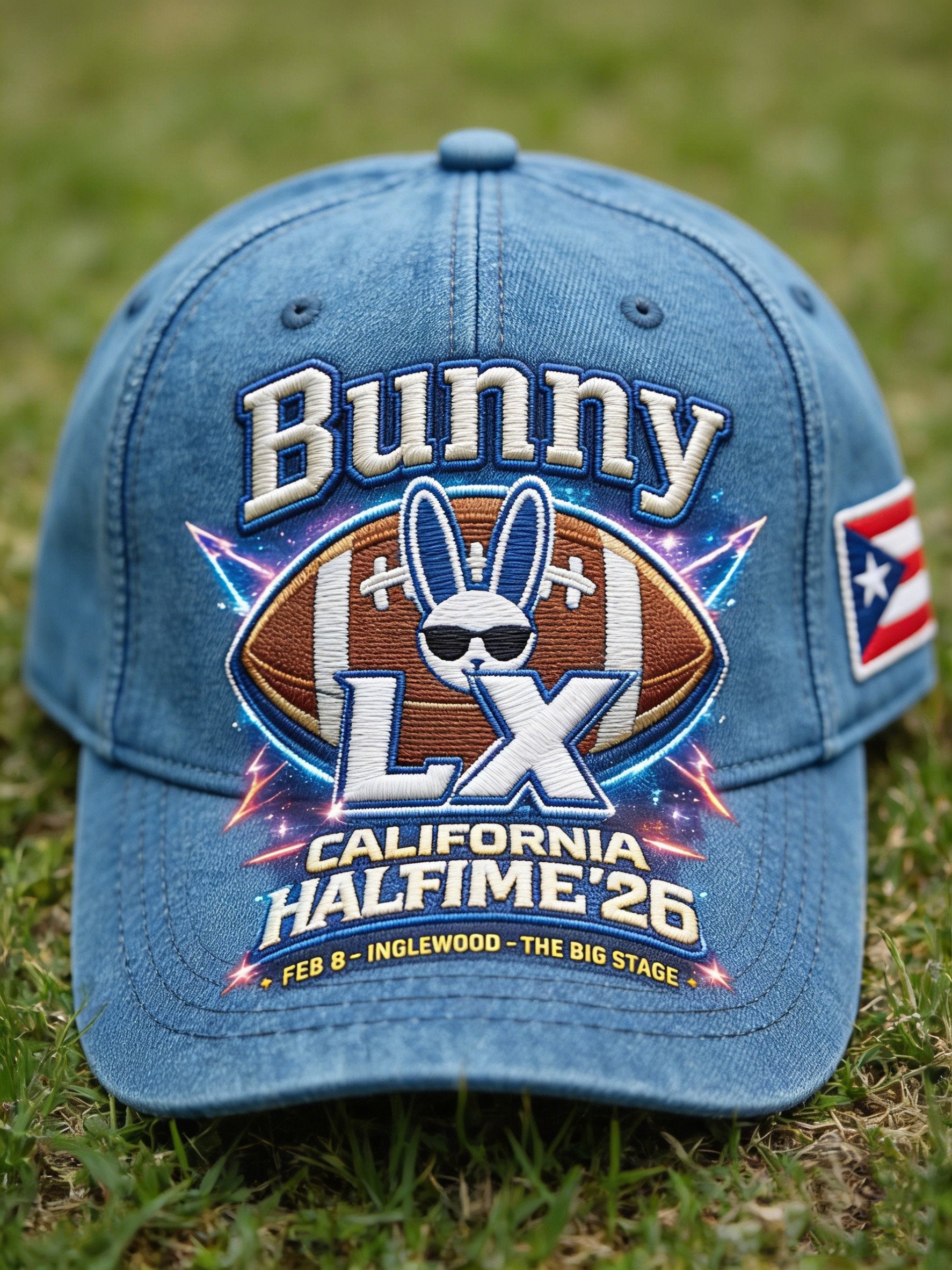 Bunny LX Benito Bowl California Halftime 26 Football Vibes Blue Printed Cap, Bad Bunny Game Day Baseball Cap