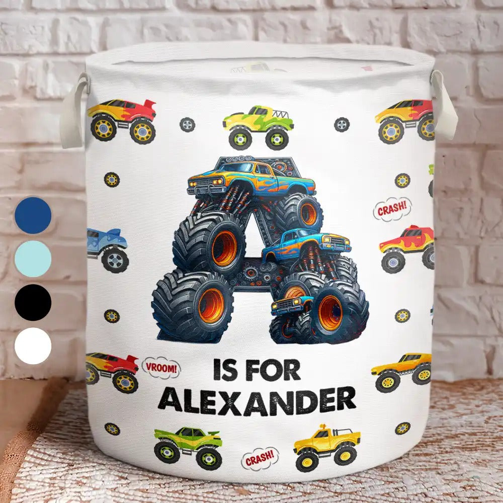 Monster Truck Toy Container Monogram Initial Basket Laundry Gifts, Housewarming Gift Ideas, Storage Basket