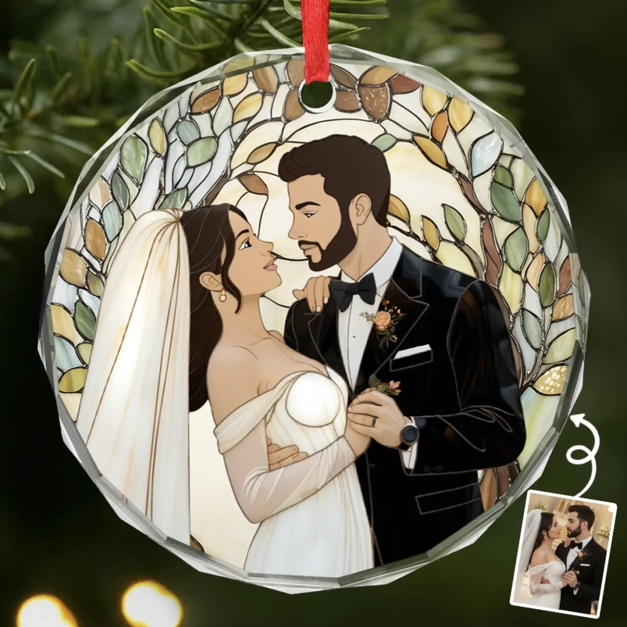 Custom Photo Wedding Couple Glass Ornament, Happy Valentine Anniversary, Gifts For Husband And Wife
