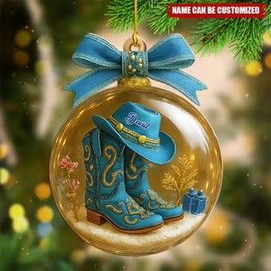 Custom Name Blue Boot Western Christmas Acrylic Ornament, Christmas Home Decor, Western Christmas Decor