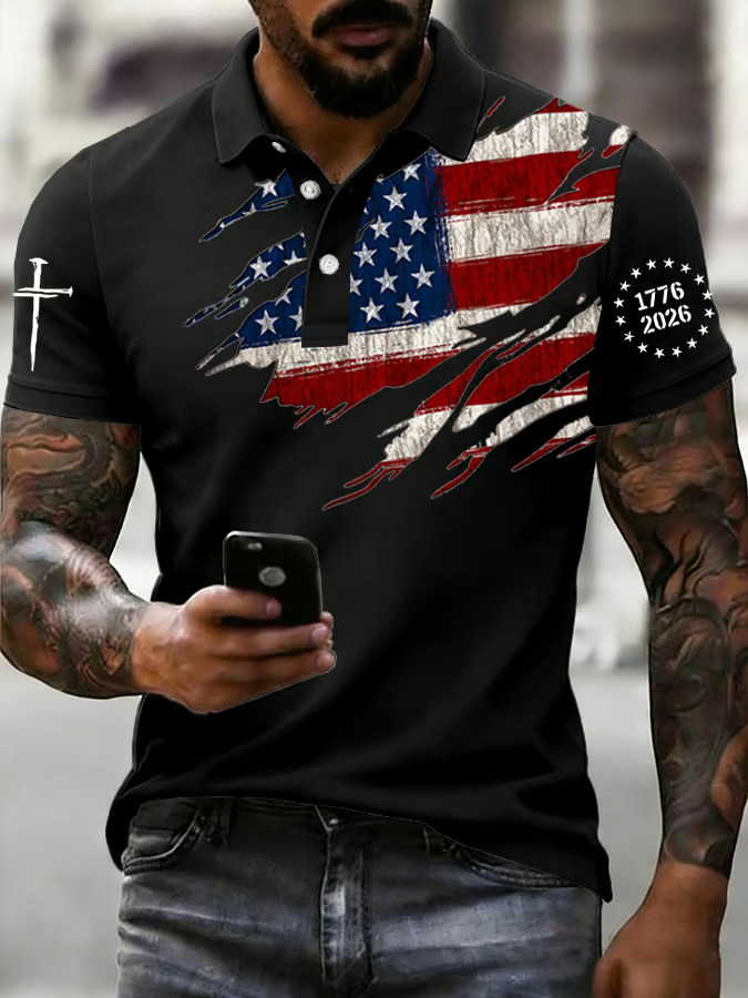 250th Anniversary Faith Cross Distressed USA Flag 4th Of July Golf Shirt, Patriotic Golf Shirt, Polo For Men
