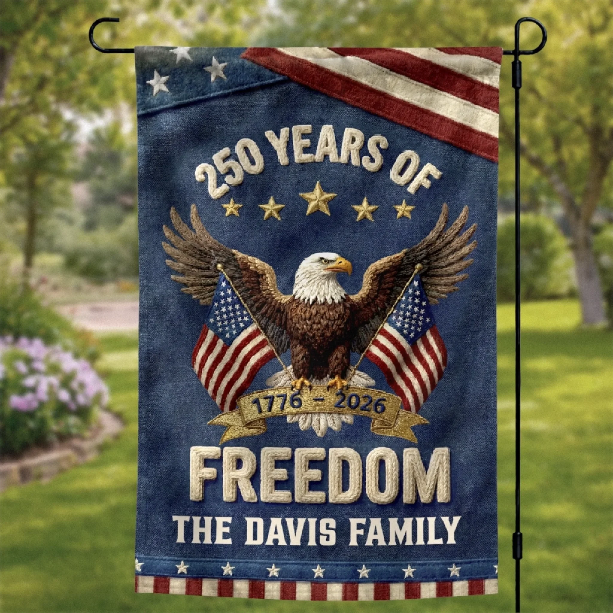 250 Years Of Freedom Garden Flag, Custom Name Patriotic Flag Outdoor House Decor