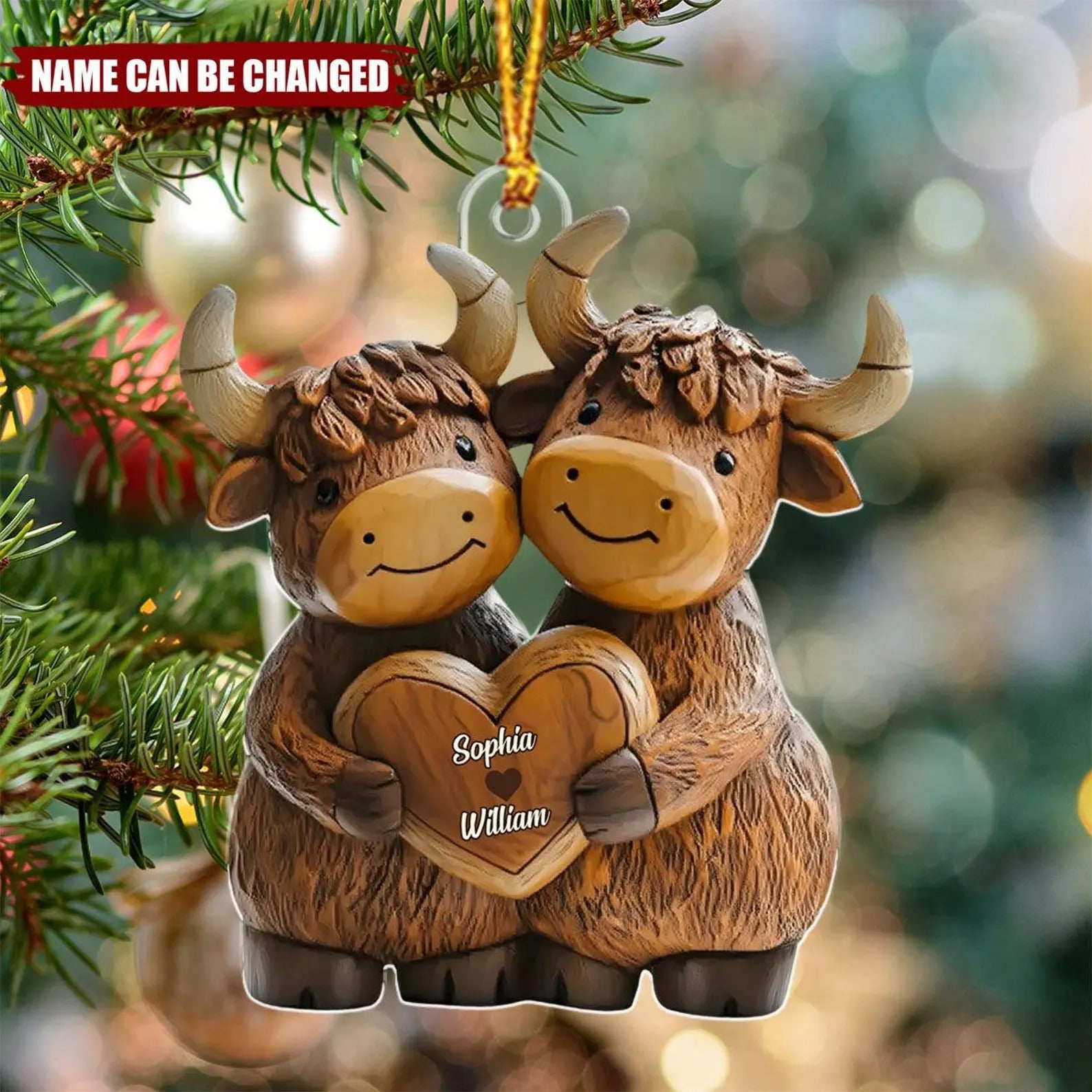 Custom Name Highland Cow Couple Acrylic Ornament, Couple Ornament, Christmas Gift Ideas For Couples