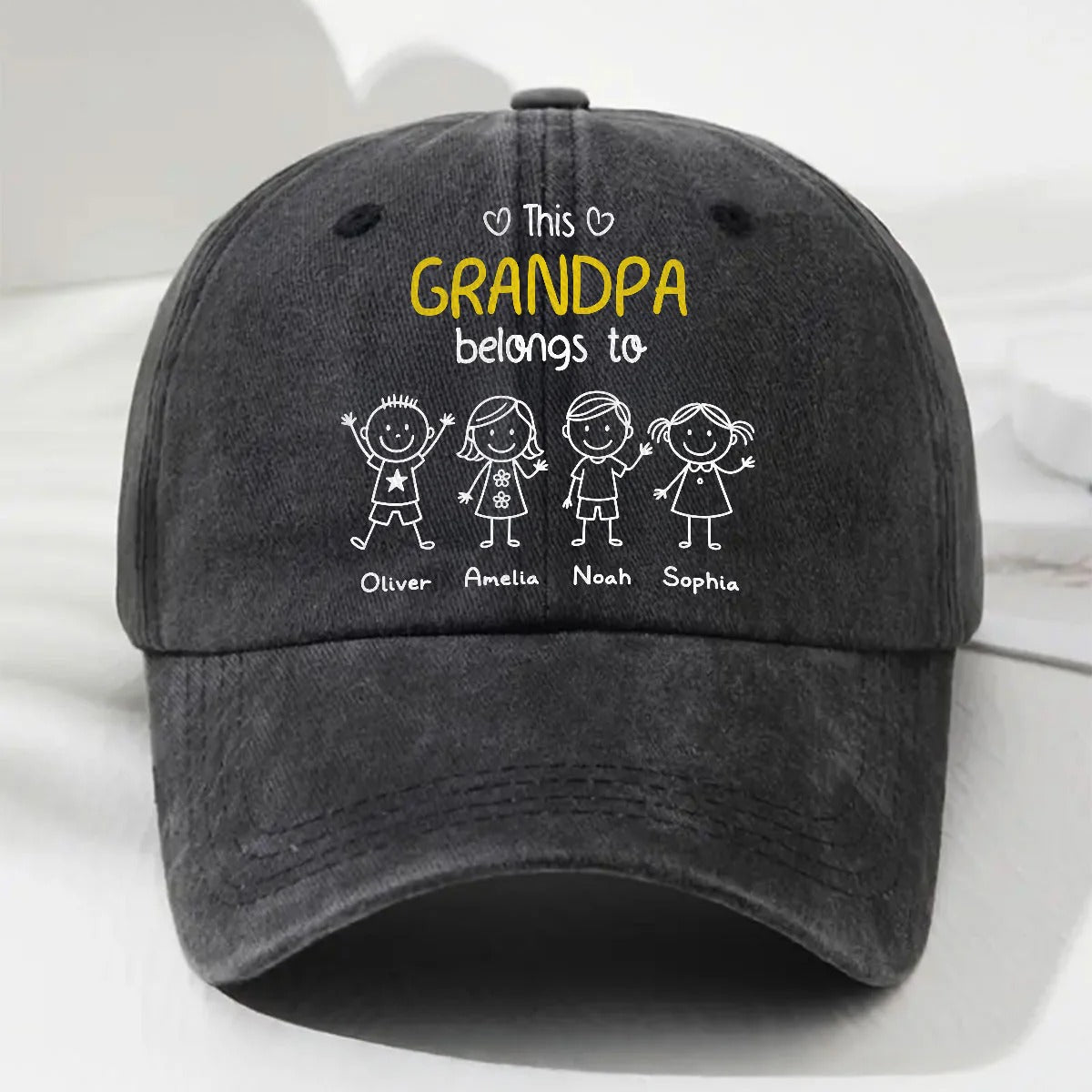 This Grandpa Belongs To Us, Funny Stick Figure Cap, Personalized Custom Vintage Washed Denim Cap