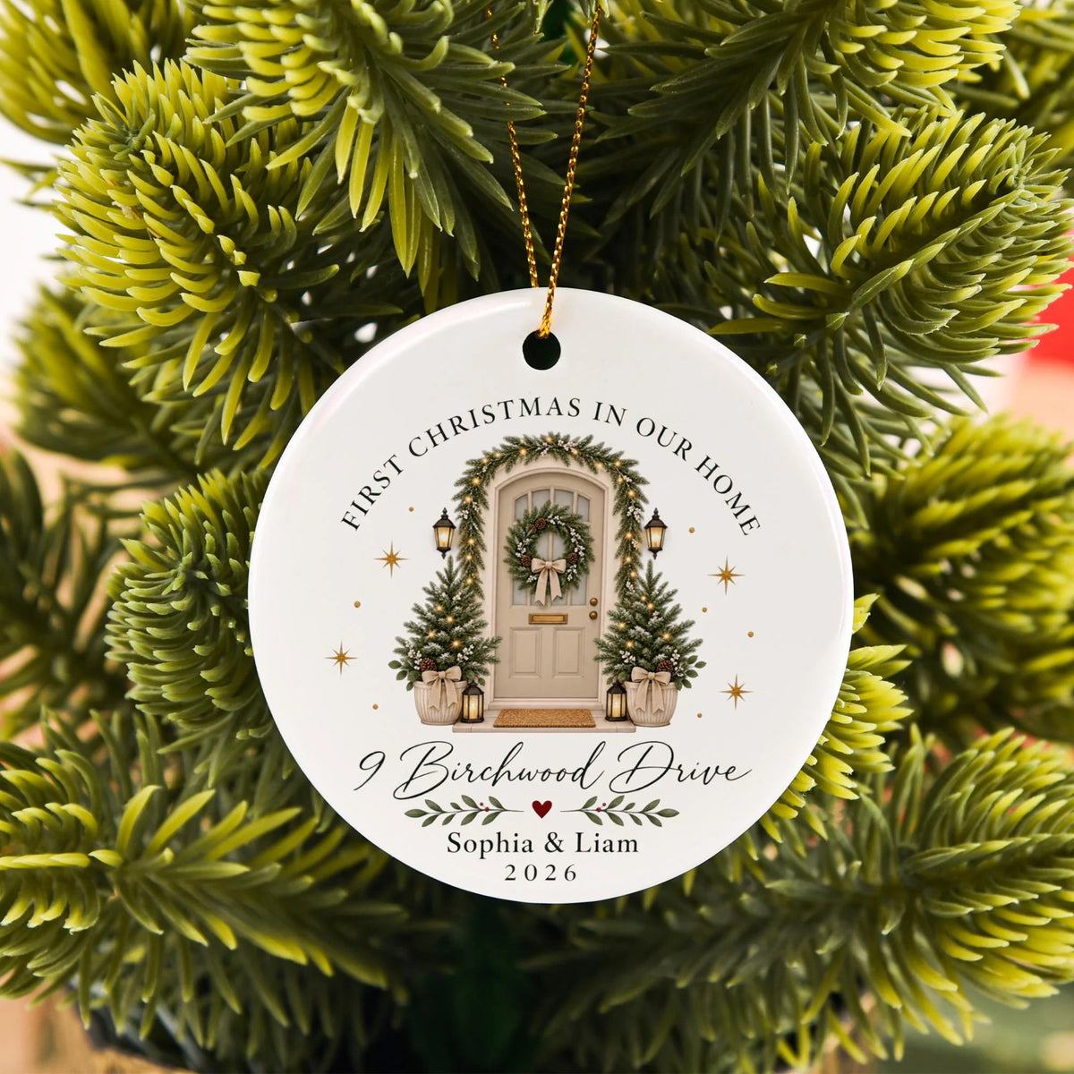 First Christmas In Our Home Ornament, Custom Name And Address, Ceramic Ornament