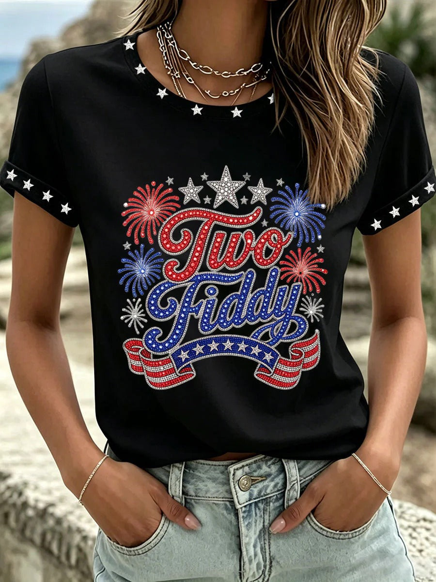 Two Fiddy Fireworks Rhinestone Women's T-Shirt, Women's Patriotic Shirt, Graphic Tees For Women