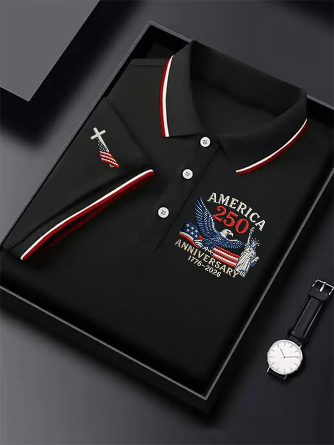 Men's Retro 250th Anniversary Of The United States Print Independence Day Cross Print Polo Shirt