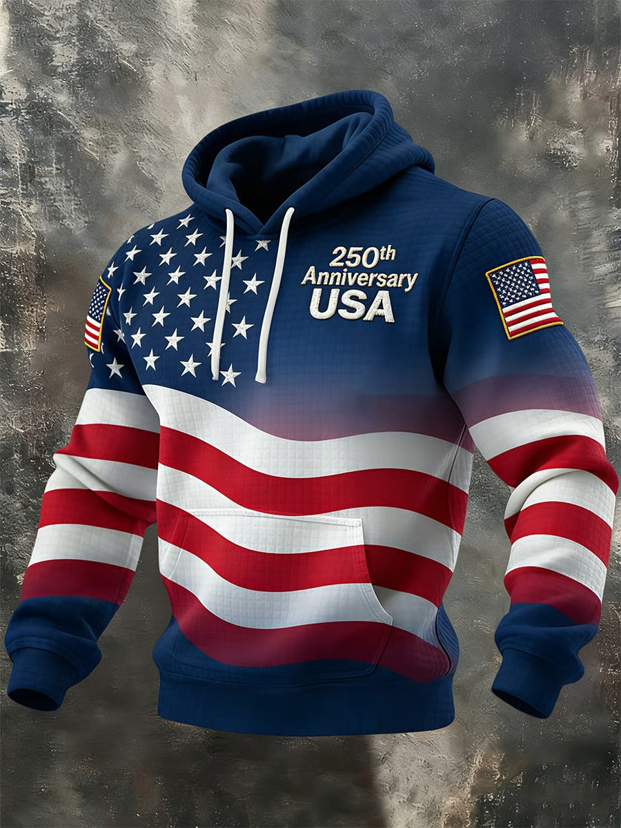 250th Anniversary USA American Flag Pattern Patriotic Hoodie, 4th Of July Retro Men's Shirt