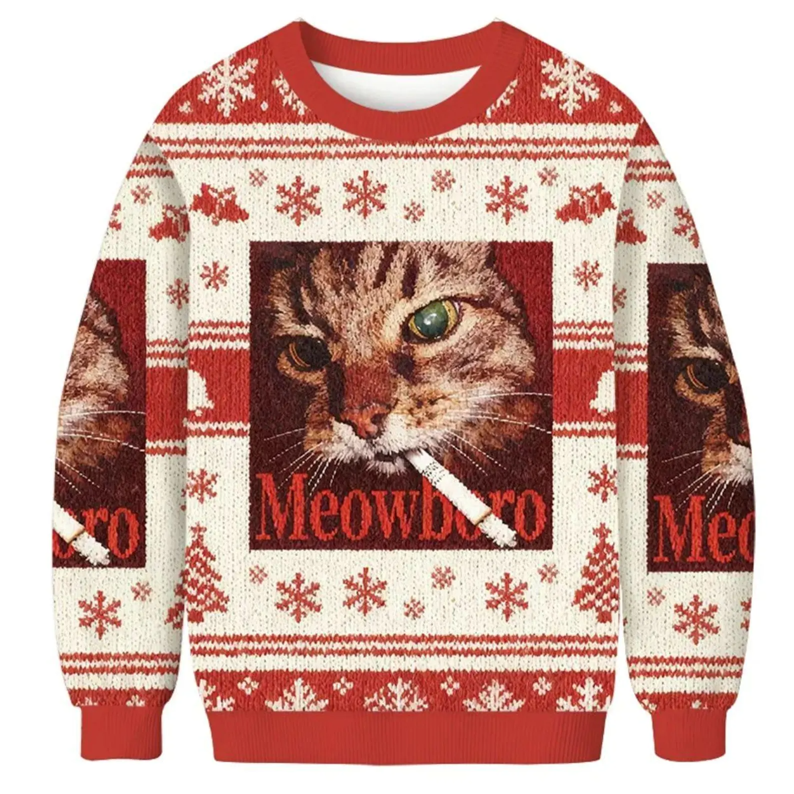 Meowlboro Funny Smoking Cat Red Christmas Sweater, Ugly Xmas Sweater, Christmas Ugly Sweatshirt