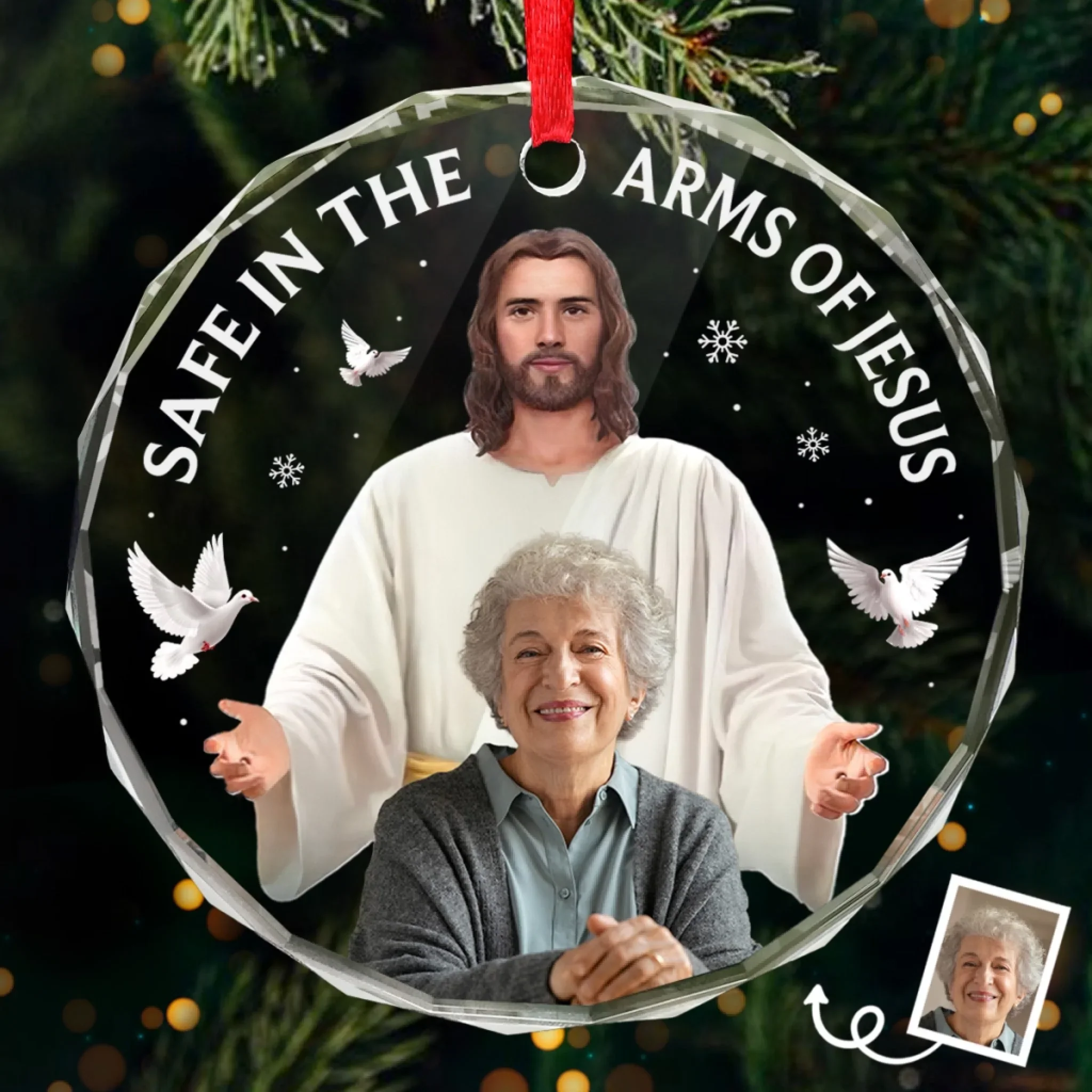 Safe In The Arms Of Jesus Custom Photo Memorial Acrylic Ornament, Glass Christmas Ornaments