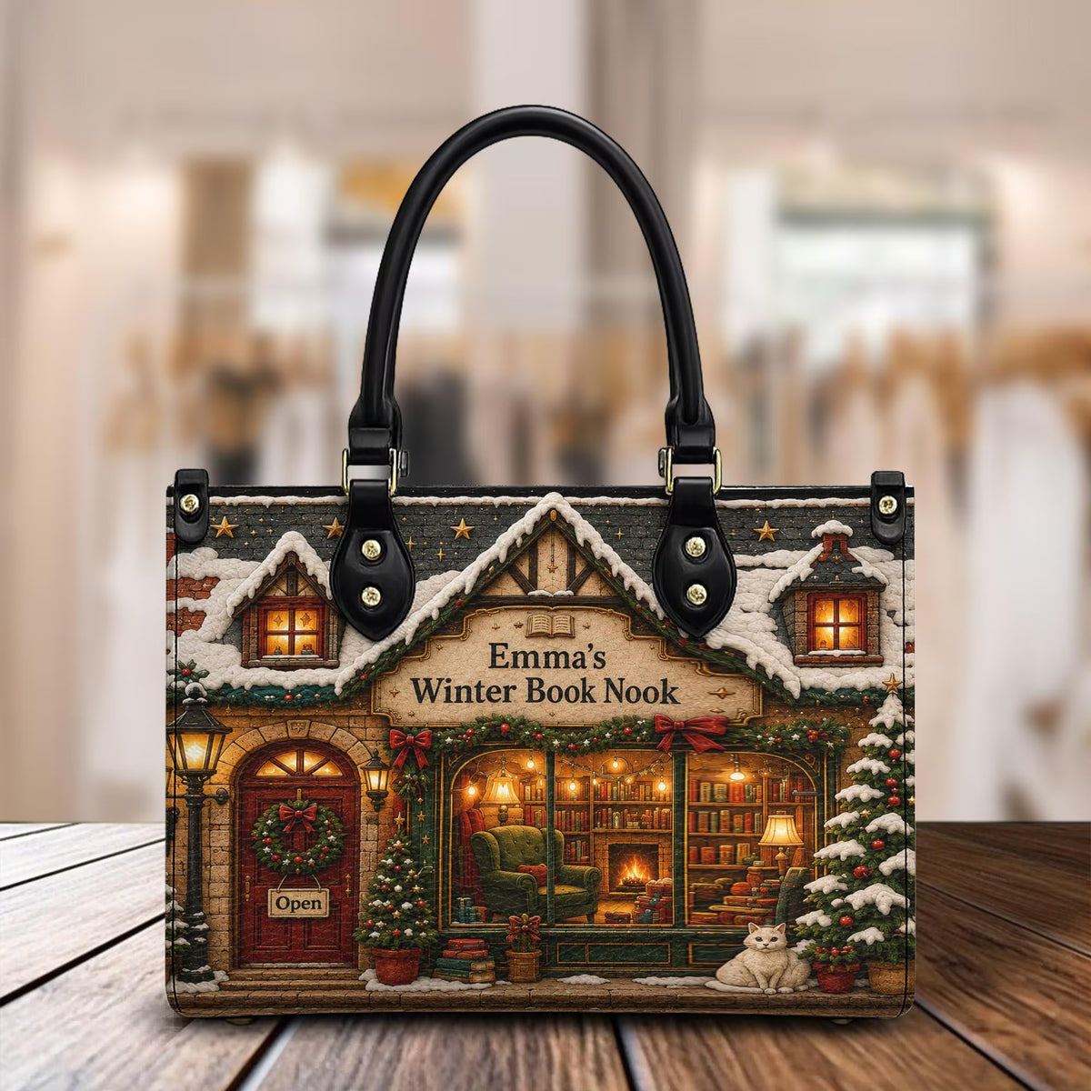 Personalized Christmas Book Nook Leather Handbag, Holiday Purse, Gift For Her