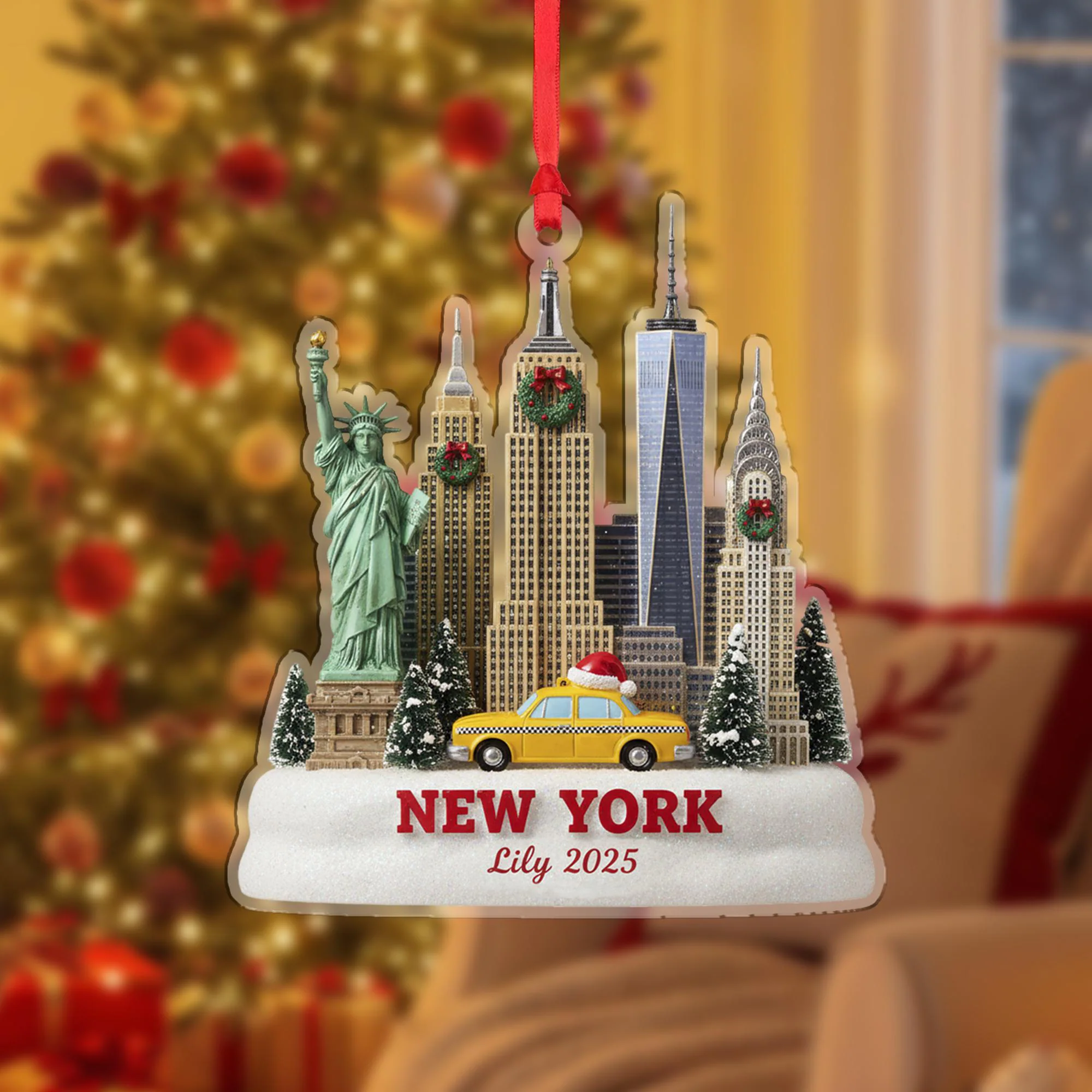 Custom Name New York Landmark Acrylic Ornament, Travel Souvenir Yellow Taxi Gifts For The Traveler Man