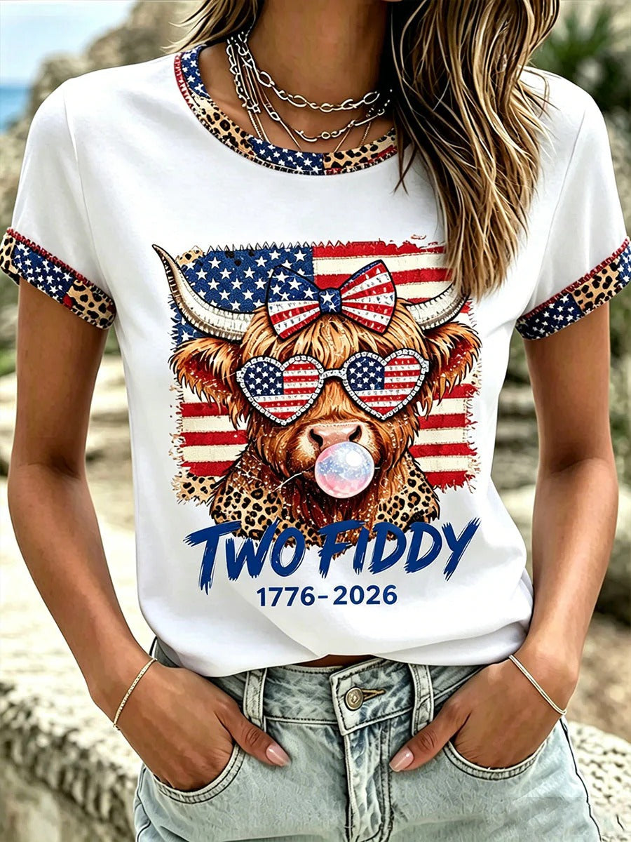 Funny Patriotic Highland Cow Bubble Gum Women's T-Shirt, Women's Patriotic Shirt, America Shirt