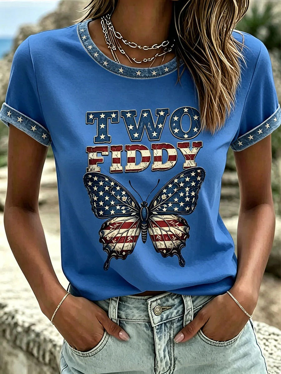 Two Fiddy Patriotic Butterfly Women's T-Shirt, Women's American Flag Shirt, Casual Patriotic Shirt