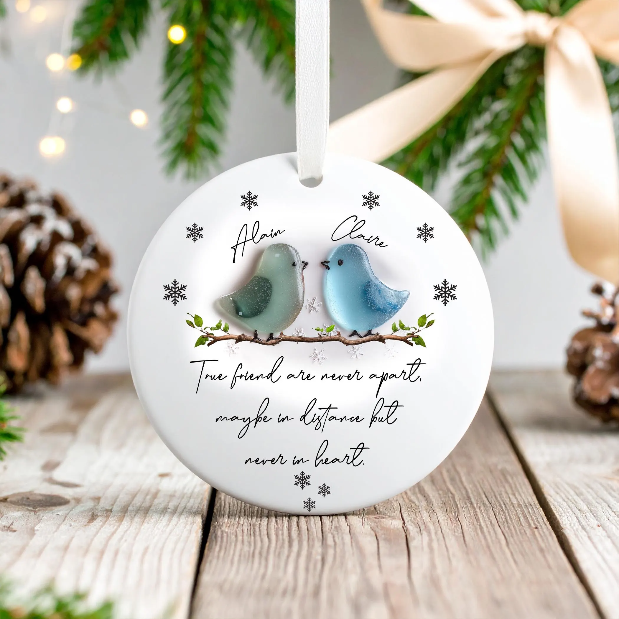 True Friends Are Never Apart Round Shape Acrylic On Ceramic Xmas Ornament, Sea Glass Ceramic Ornament