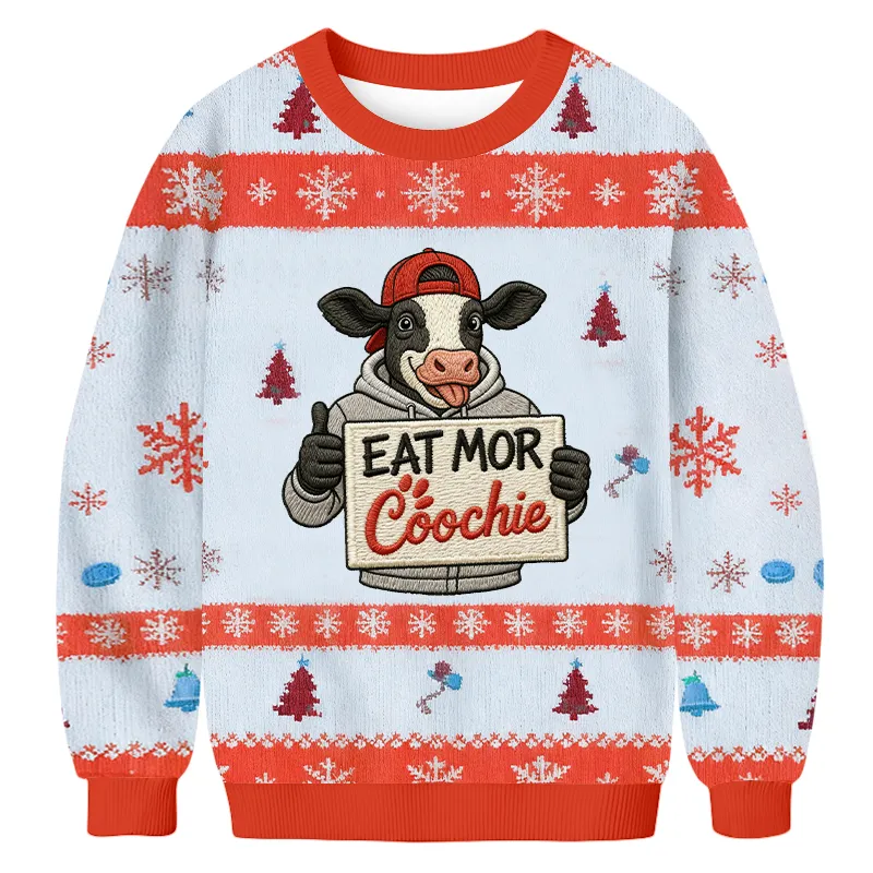 Eat More Humorous Thumbs Up Cow Meme Ugly Sweater, Funny Christmas Ugly Sweatshirt, Xmas Ugly Sweater