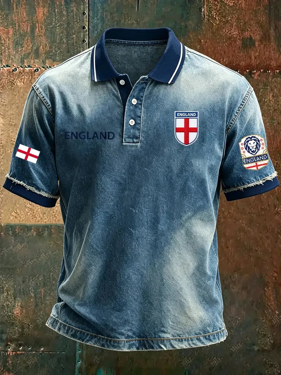 England Football Team Denim Print Distressed Retro Polo, Unisex Gameday Print T-Shirt, Soccer Fan Gift